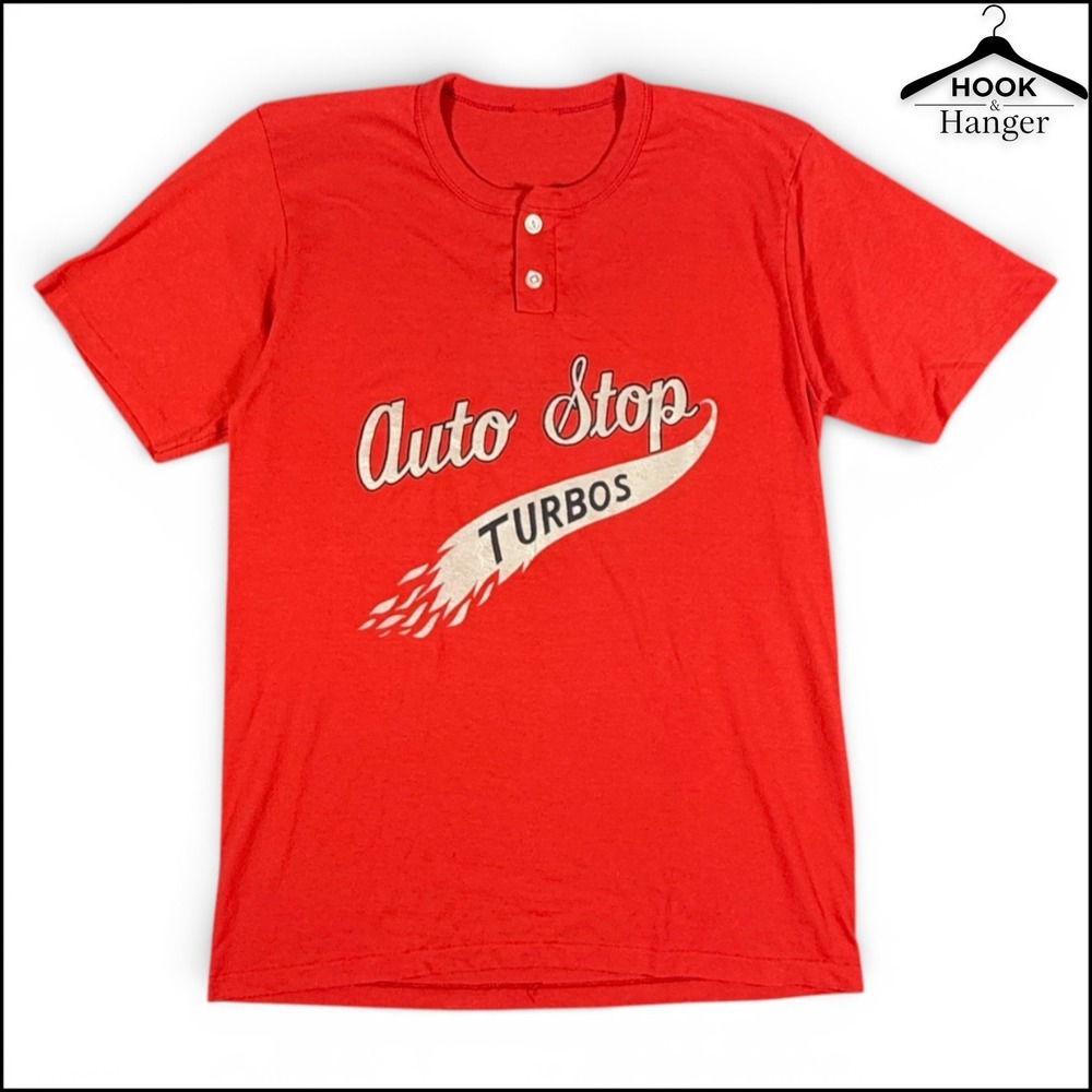 Vintage Auto Stop Turbos Henley Team Jersey M Red Single Stitch Retro 9 Cars 80s
